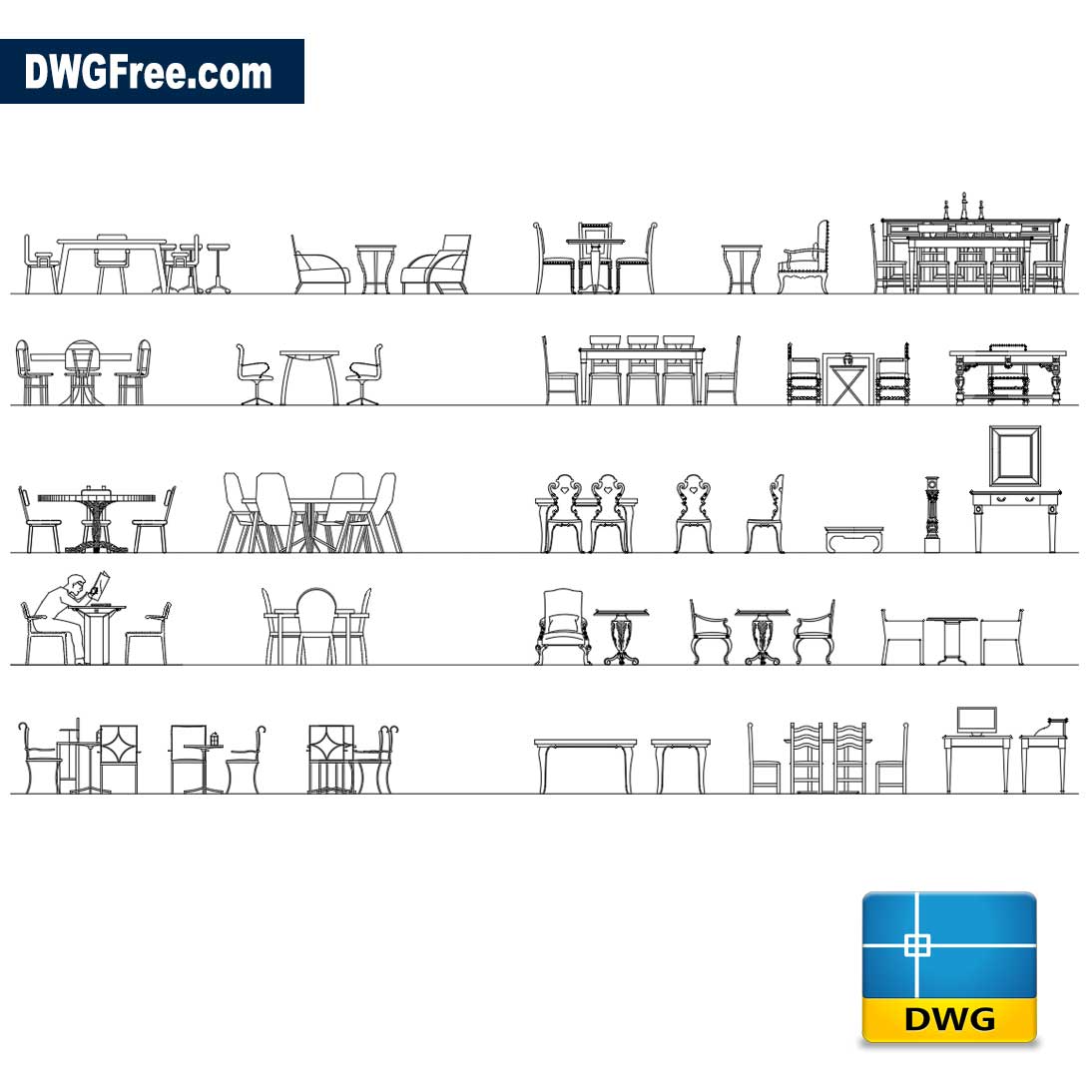 Tables and chairs in elevation DWG Download Autocad Blocks Model. AutoCad