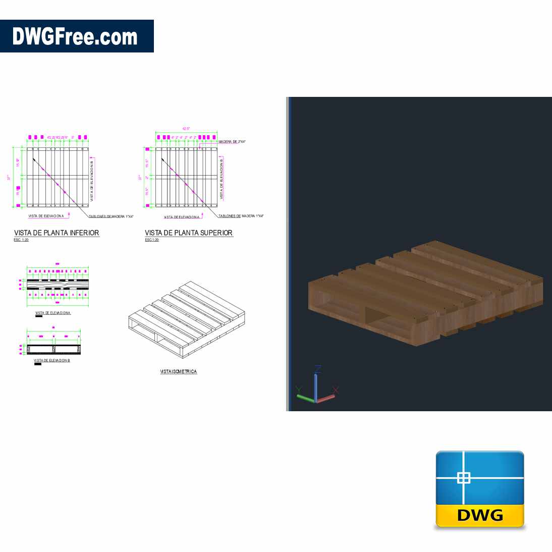 Dimensions of pallets DWG 2D and 3D Drawing. Download free.