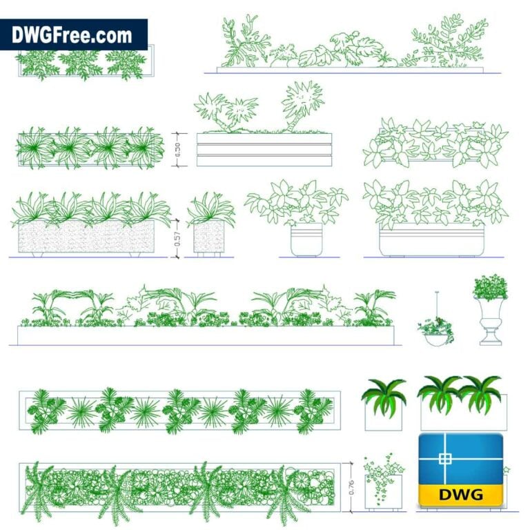 Modern vases in pots dwg drawing scaled