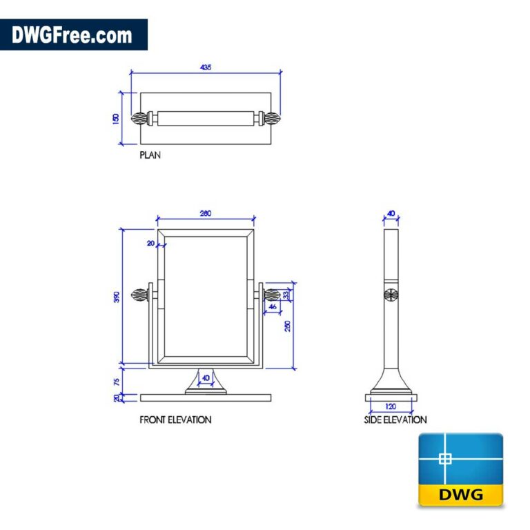 Desk mirror dwg cad blocks scaled