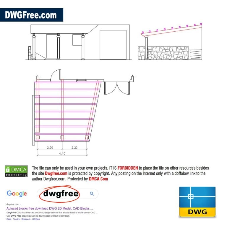 Pergola with wooden beams and stone columns dwg drawing