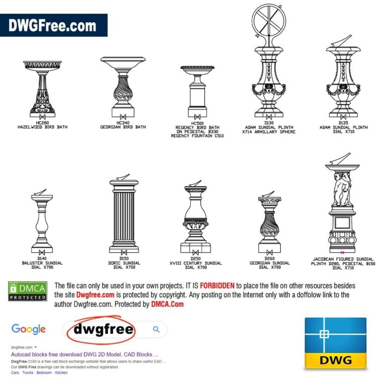 Sundials & Bird Baths in 2D DWG